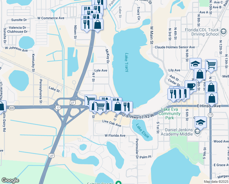 map of restaurants, bars, coffee shops, grocery stores, and more near 153 McKay Drive in Haines City
