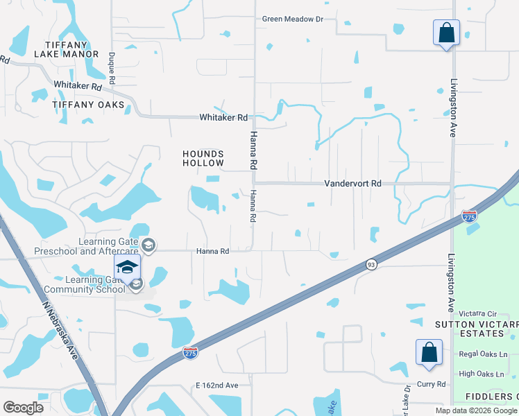 map of restaurants, bars, coffee shops, grocery stores, and more near 16603 Hanna Road in Lutz