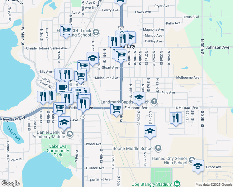 map of restaurants, bars, coffee shops, grocery stores, and more near 1-155 State Highway 600 in Haines City