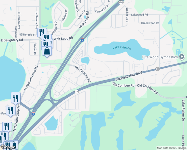 map of restaurants, bars, coffee shops, grocery stores, and more near 1116 Lake Deeson Woods Lane in Lakeland