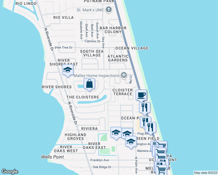map of restaurants, bars, coffee shops, grocery stores, and more near 370 Ocean Oaks Drive in Indialantic