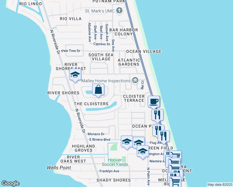 map of restaurants, bars, coffee shops, grocery stores, and more near 370 Ocean Oaks Drive in Indialantic