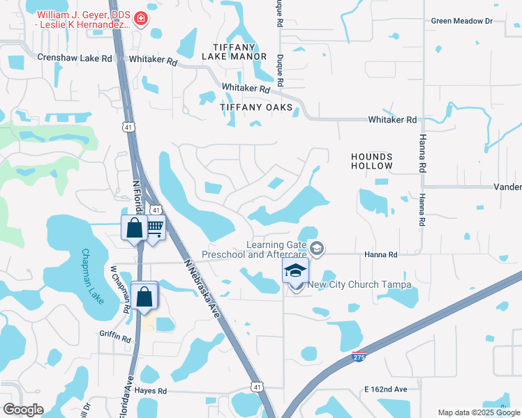 map of restaurants, bars, coffee shops, grocery stores, and more near 16505 Blenheim Drive in Lutz