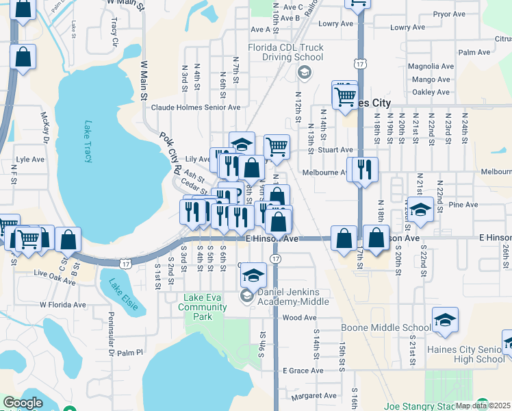 map of restaurants, bars, coffee shops, grocery stores, and more near 102 North 9th Street in Haines City