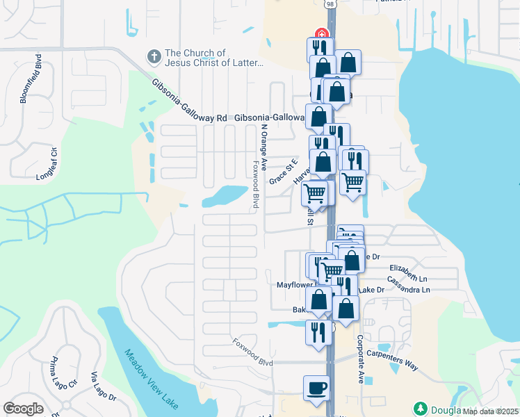 map of restaurants, bars, coffee shops, grocery stores, and more near 4859 Foxwood Boulevard in Lakeland