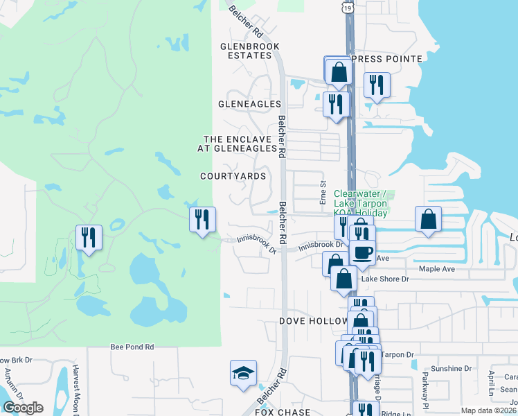 map of restaurants, bars, coffee shops, grocery stores, and more near 105 Old Mill Pond Road in Palm Harbor
