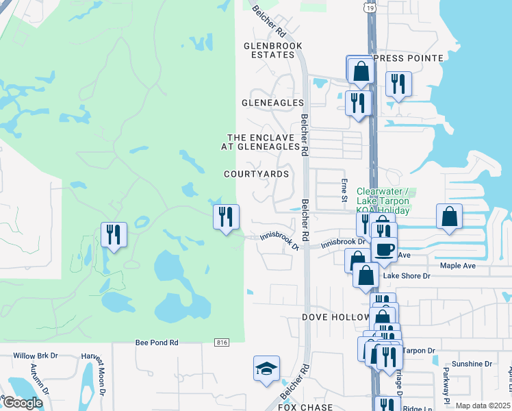 map of restaurants, bars, coffee shops, grocery stores, and more near 2138 Oak Forest Lane in Palm Harbor
