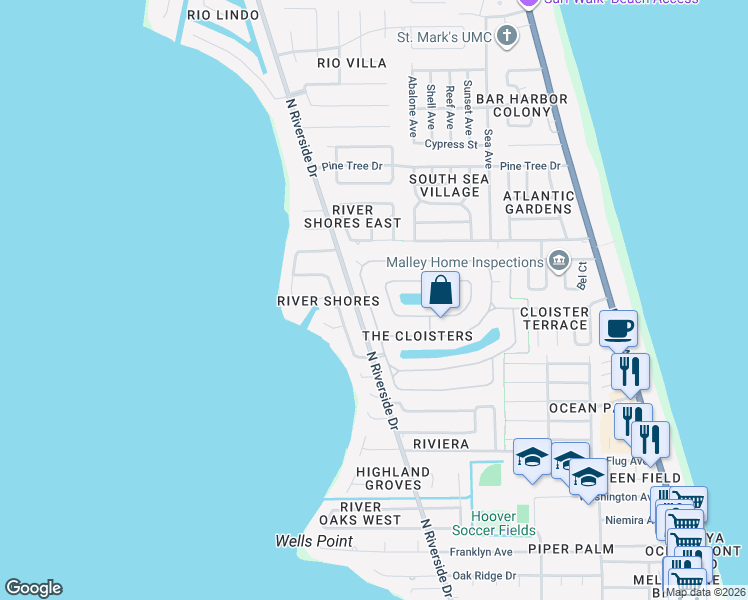 map of restaurants, bars, coffee shops, grocery stores, and more near 1735 Canterbury Drive in Indialantic