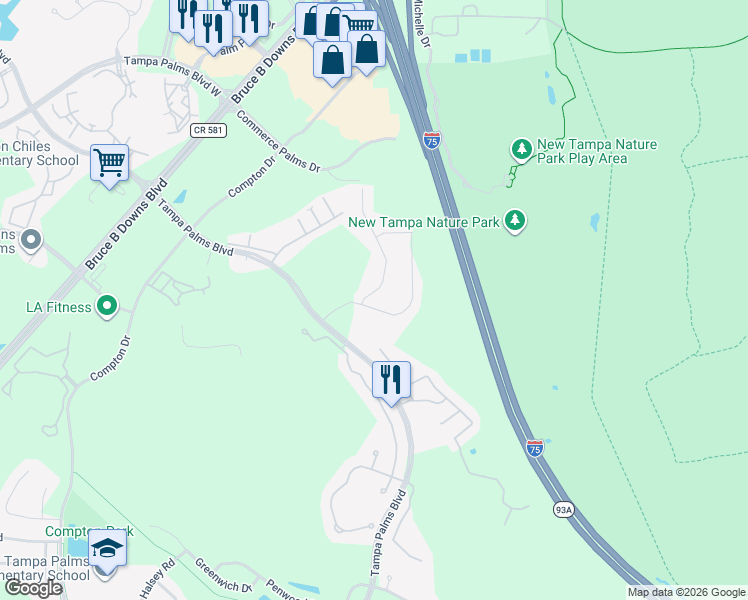 map of restaurants, bars, coffee shops, grocery stores, and more near 16303 Hyde Manor Drive in Tampa