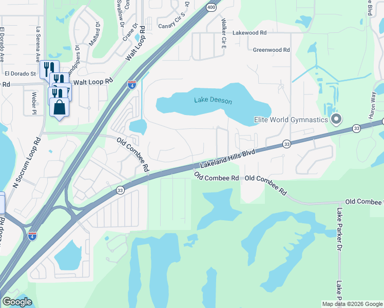 map of restaurants, bars, coffee shops, grocery stores, and more near 2891 Deeson Pointe Boulevard in Lakeland