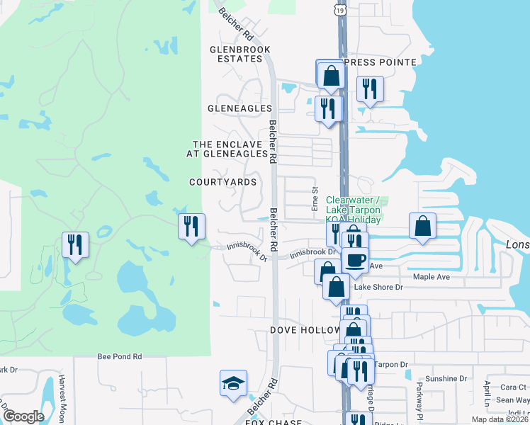 map of restaurants, bars, coffee shops, grocery stores, and more near 302 Old Mill Pond Road in Palm Harbor