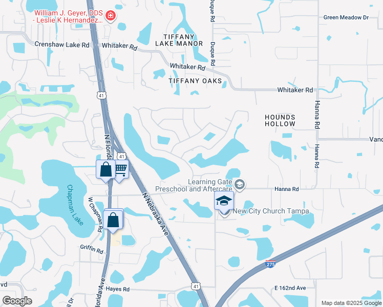 map of restaurants, bars, coffee shops, grocery stores, and more near 16505 Blenheim Drive in Lutz