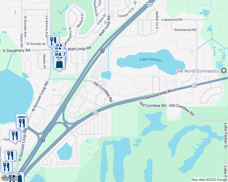 map of restaurants, bars, coffee shops, grocery stores, and more near 1116 Lake Deeson Woods Lane in Lakeland
