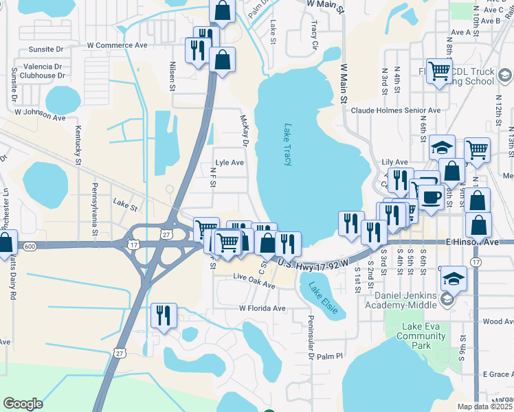 map of restaurants, bars, coffee shops, grocery stores, and more near 213 McKay Drive in Haines City