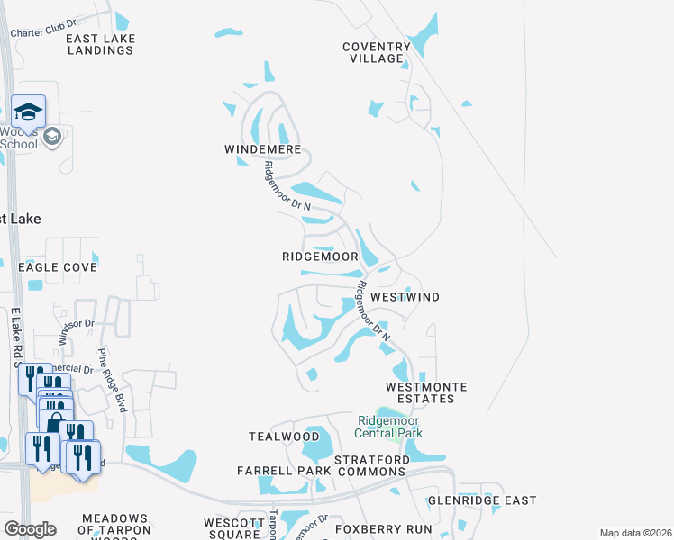 map of restaurants, bars, coffee shops, grocery stores, and more near 5550 Salem Square Drive South in Palm Harbor