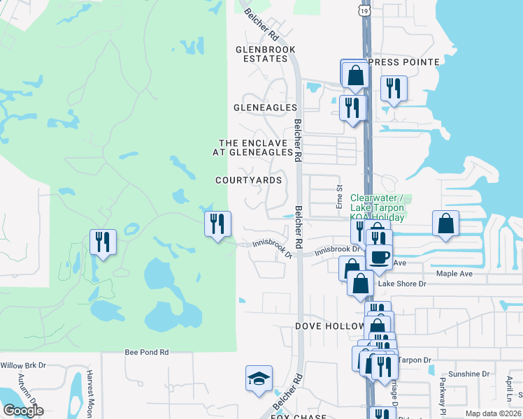 map of restaurants, bars, coffee shops, grocery stores, and more near 2170 Oak Forest Lane in Palm Harbor