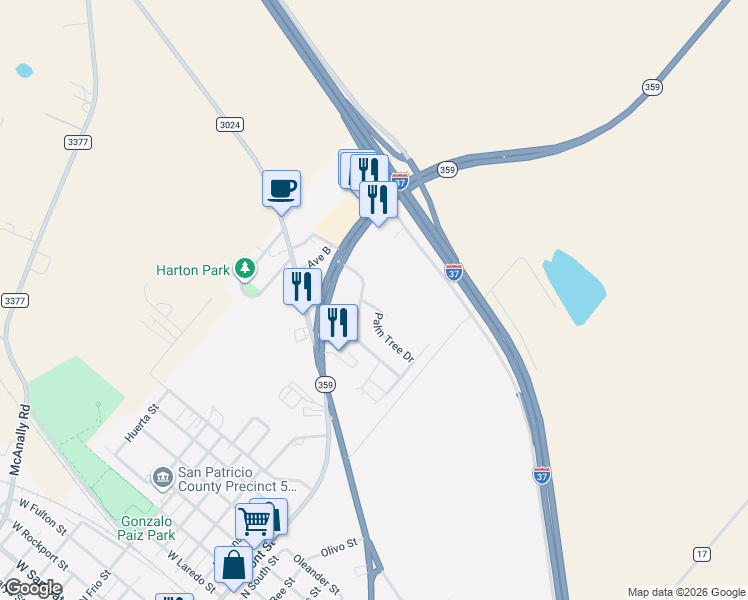 map of restaurants, bars, coffee shops, grocery stores, and more near 328 Redwood Drive in Mathis