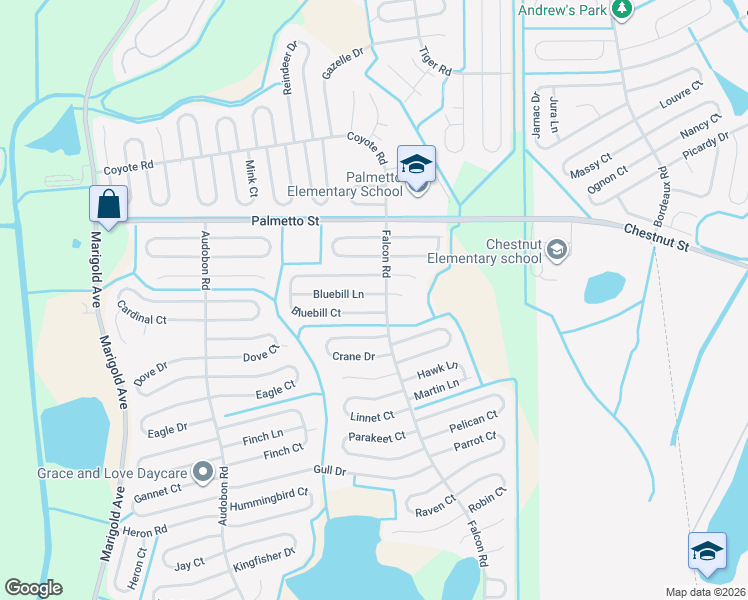 map of restaurants, bars, coffee shops, grocery stores, and more near 678 Bluebill Court in Poinciana