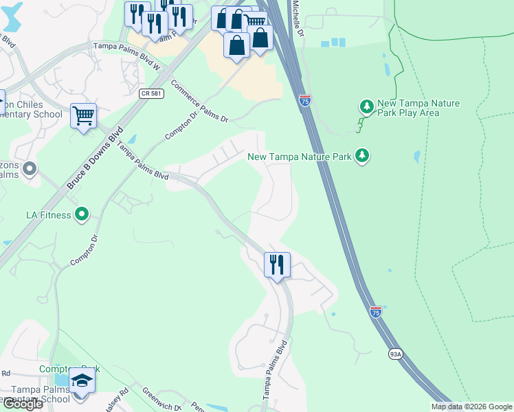 map of restaurants, bars, coffee shops, grocery stores, and more near 16303 Hyde Manor Drive in Tampa