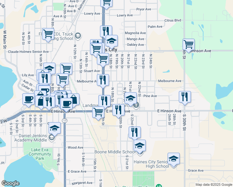 map of restaurants, bars, coffee shops, grocery stores, and more near 19 North 18th Street in Haines City