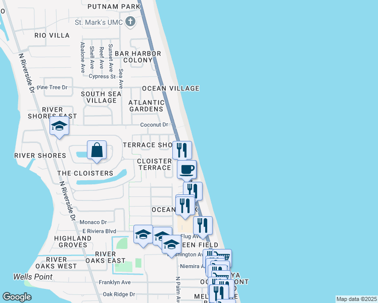 map of restaurants, bars, coffee shops, grocery stores, and more near 1525 North Highway A1A in Indialantic