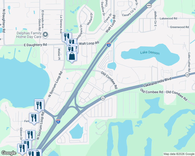 map of restaurants, bars, coffee shops, grocery stores, and more near 5030 Menlo Parke Way in Lakeland