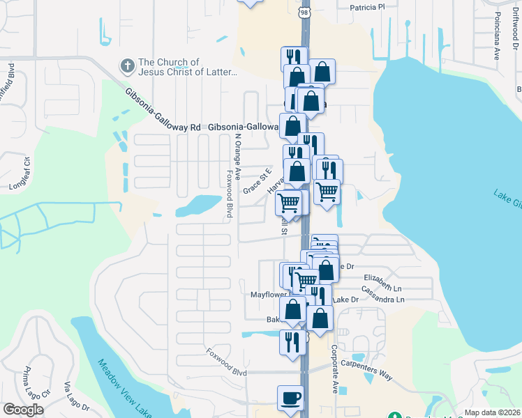 map of restaurants, bars, coffee shops, grocery stores, and more near 5122 Harvard Street West in Lakeland