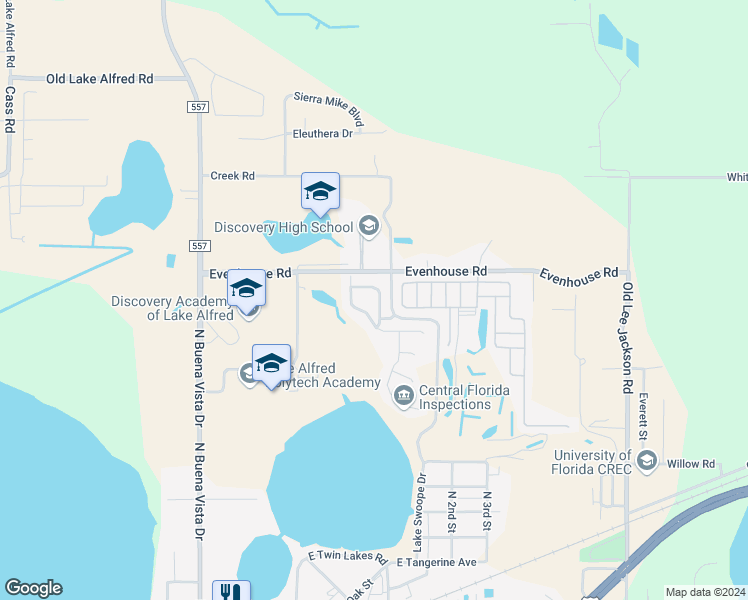 map of restaurants, bars, coffee shops, grocery stores, and more near 1332 Cypress Ridge Loop in Lake Alfred