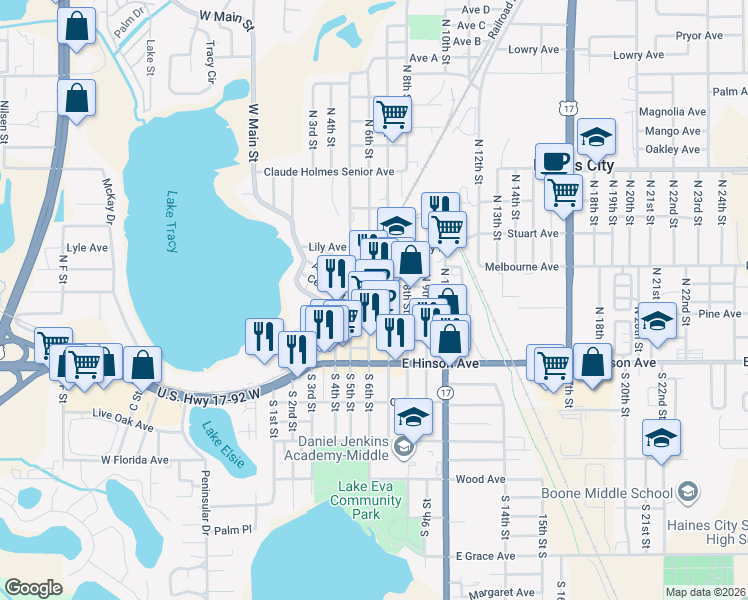 map of restaurants, bars, coffee shops, grocery stores, and more near in Haines City