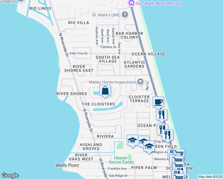 map of restaurants, bars, coffee shops, grocery stores, and more near in Indialantic