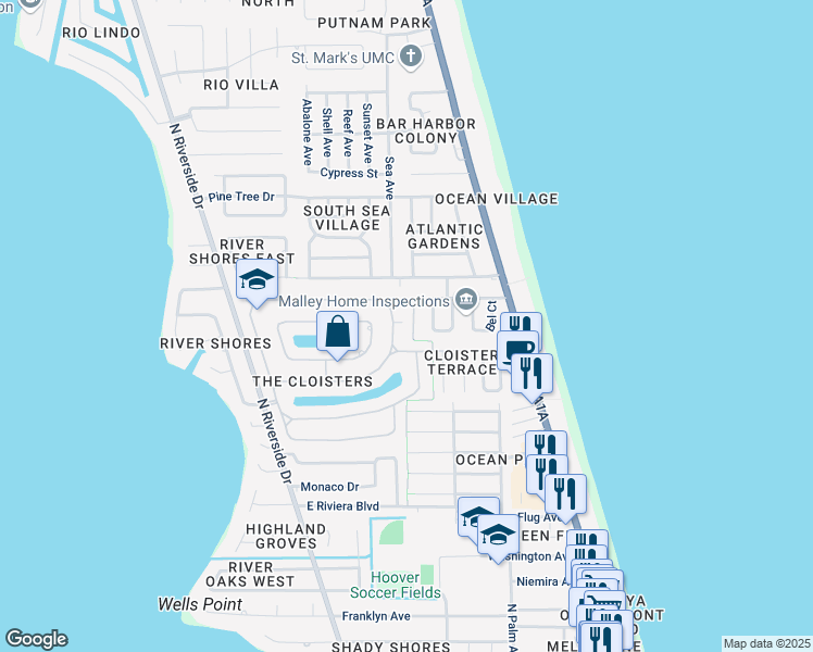 map of restaurants, bars, coffee shops, grocery stores, and more near 370 Ocean Oaks Drive in Indialantic