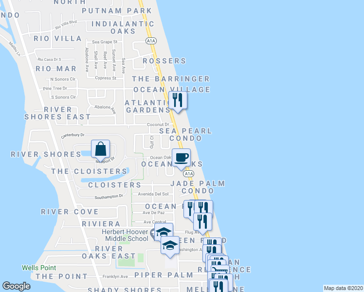 map of restaurants, bars, coffee shops, grocery stores, and more near 1520 North Highway A1A in Indialantic