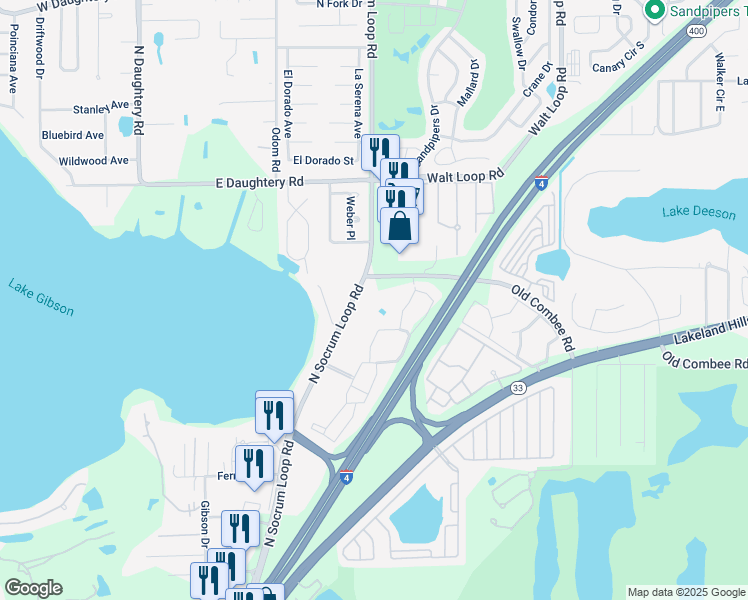 map of restaurants, bars, coffee shops, grocery stores, and more near 5245 North Socrum Loop Road in Lakeland