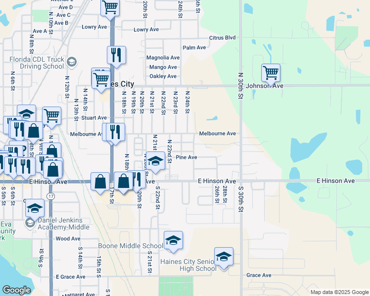 map of restaurants, bars, coffee shops, grocery stores, and more near 2308 Mason Avenue in Haines City