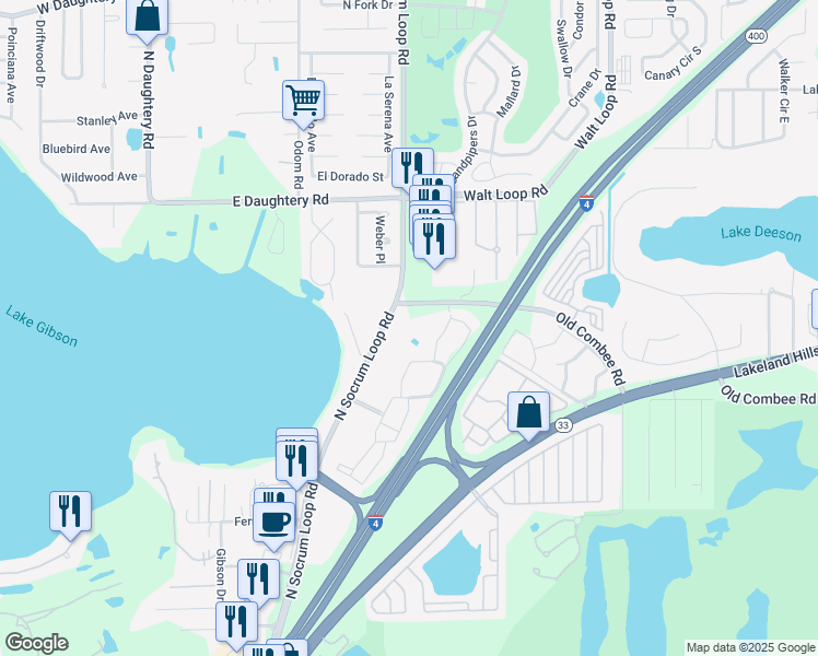 map of restaurants, bars, coffee shops, grocery stores, and more near 5245 North Socrum Loop Road in Lakeland