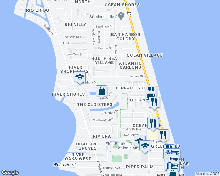 map of restaurants, bars, coffee shops, grocery stores, and more near 1985 Canterbury Drive in Indialantic