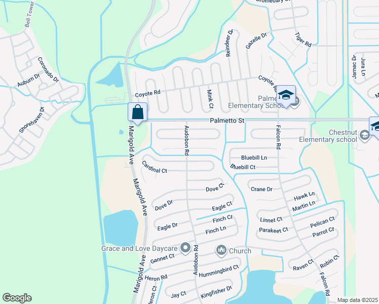 map of restaurants, bars, coffee shops, grocery stores, and more near 501 Blackbird Lane in Poinciana