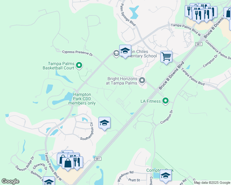map of restaurants, bars, coffee shops, grocery stores, and more near 16227 Nottingham Park Way in Tampa