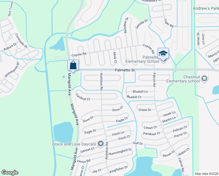 map of restaurants, bars, coffee shops, grocery stores, and more near 513 Blackbird Lane in Poinciana