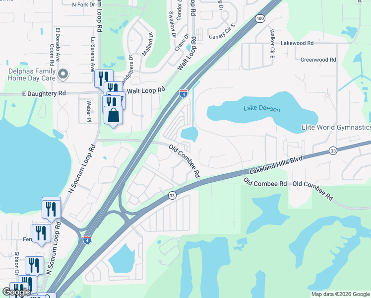 map of restaurants, bars, coffee shops, grocery stores, and more near 1023 Lake Deeson Woods Lane in Lakeland
