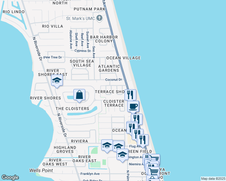 map of restaurants, bars, coffee shops, grocery stores, and more near 1884 Gulf Court in Indialantic