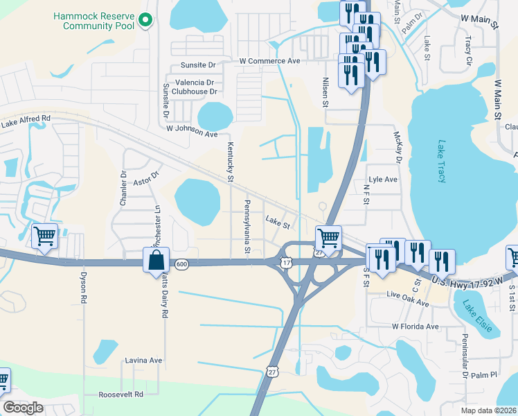 map of restaurants, bars, coffee shops, grocery stores, and more near 324 Indiana Street in Haines City