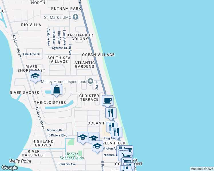 map of restaurants, bars, coffee shops, grocery stores, and more near 1575 North Highway A1A in Indialantic