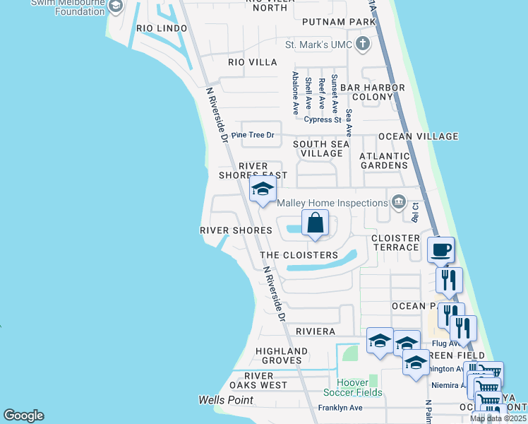 map of restaurants, bars, coffee shops, grocery stores, and more near in Indialantic