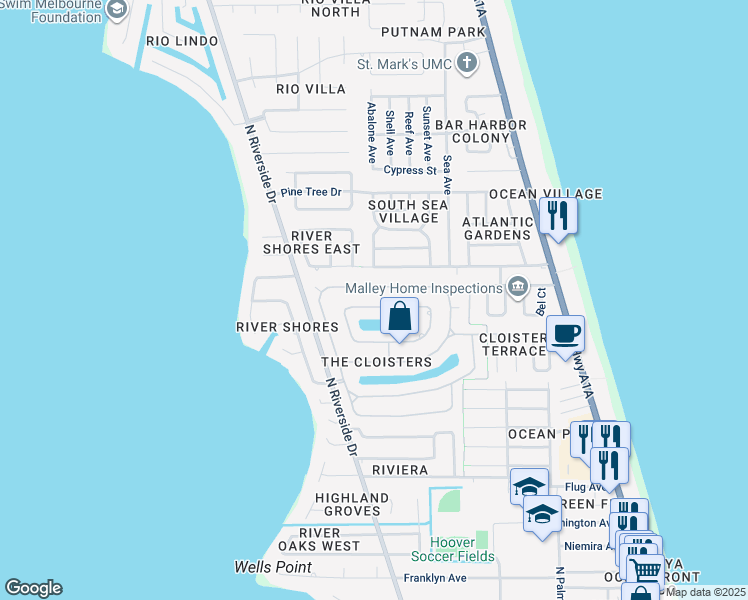 map of restaurants, bars, coffee shops, grocery stores, and more near 495 Newport Drive in Indialantic