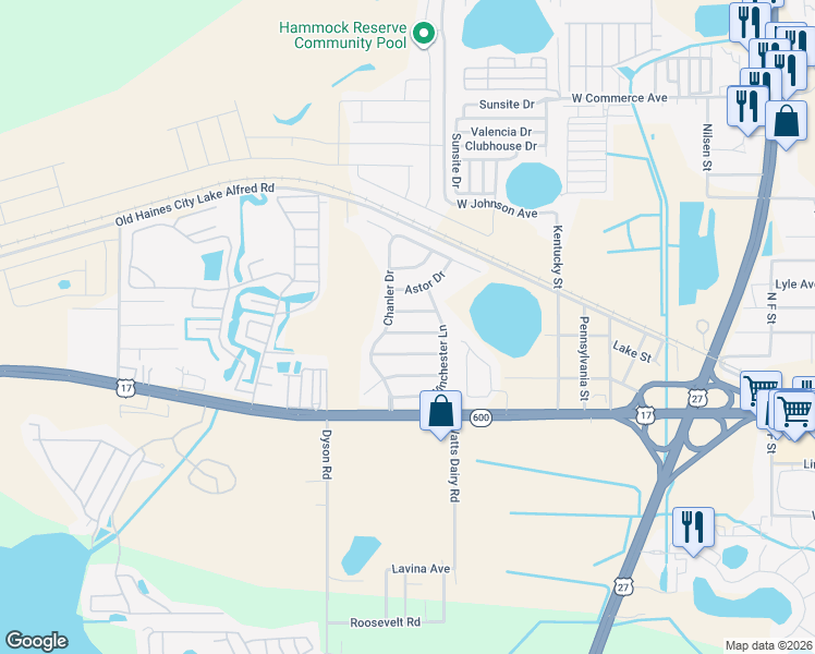 map of restaurants, bars, coffee shops, grocery stores, and more near 509 Winthrop Place in Haines City