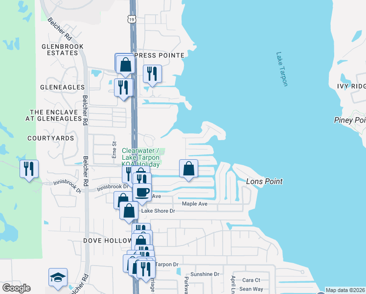 map of restaurants, bars, coffee shops, grocery stores, and more near 11 Freshwater Drive in Palm Harbor