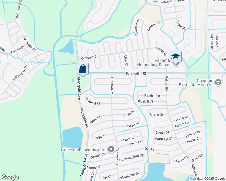 map of restaurants, bars, coffee shops, grocery stores, and more near 501 Blackbird Lane in Poinciana
