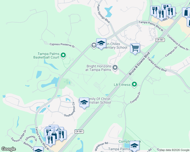 map of restaurants, bars, coffee shops, grocery stores, and more near 16227 Nottingham Park Way in Tampa