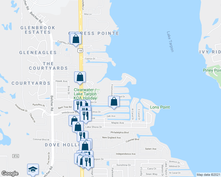 map of restaurants, bars, coffee shops, grocery stores, and more near 11 Freshwater Drive in Palm Harbor
